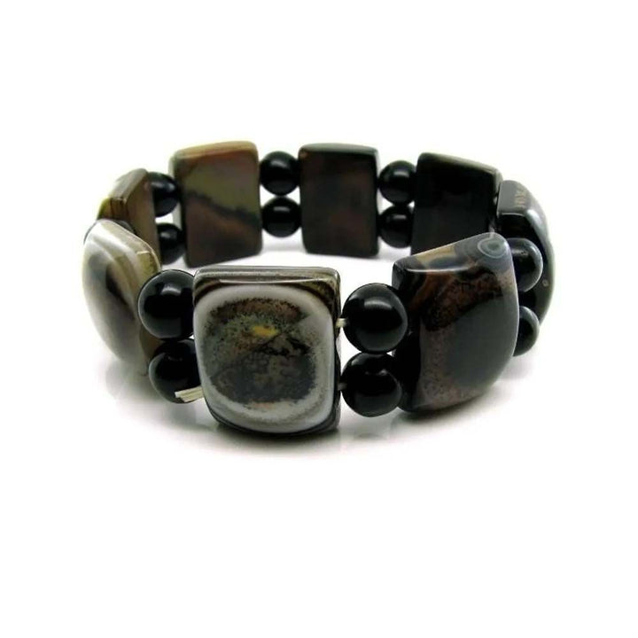 Black grey agate Natural Gemstone Beads Elastic Band Stretchable Bracelet