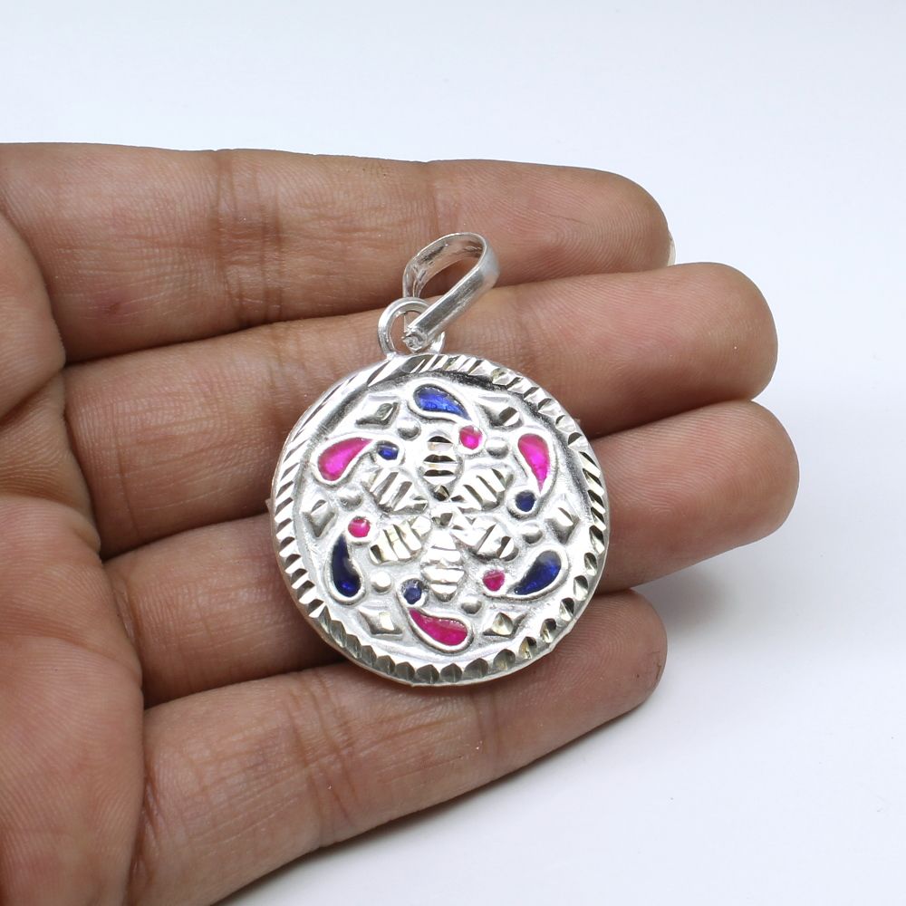 Traditional Indian Embossed designer enamel sterling silver pendant for women