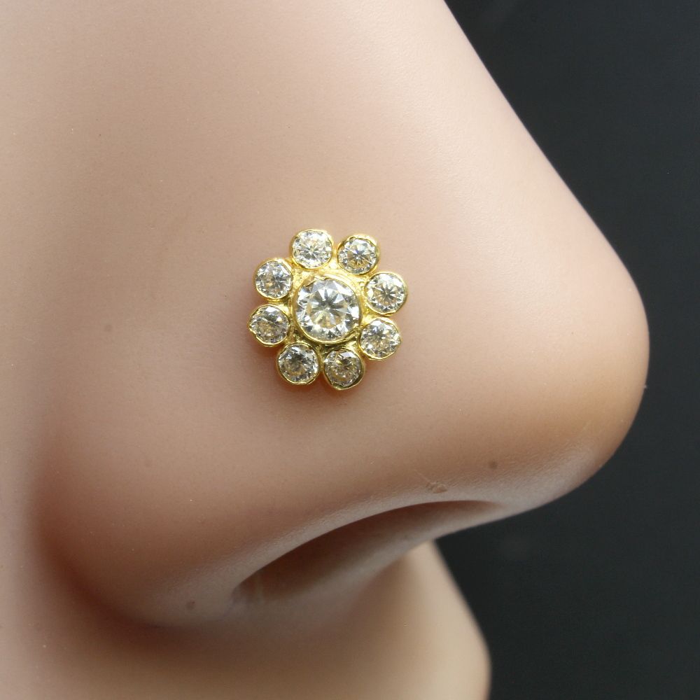 Real Gold Daisy Nose stud 14K White CZ Indian piercing nose ring Push Pin