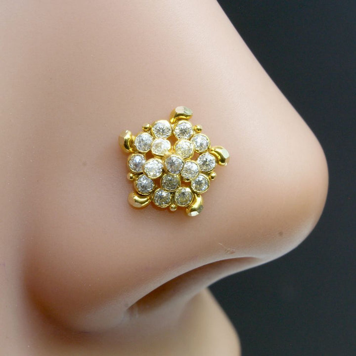 Real Gold Flower Nose stud,14K White CZ Indian statement nose ring Push Pin