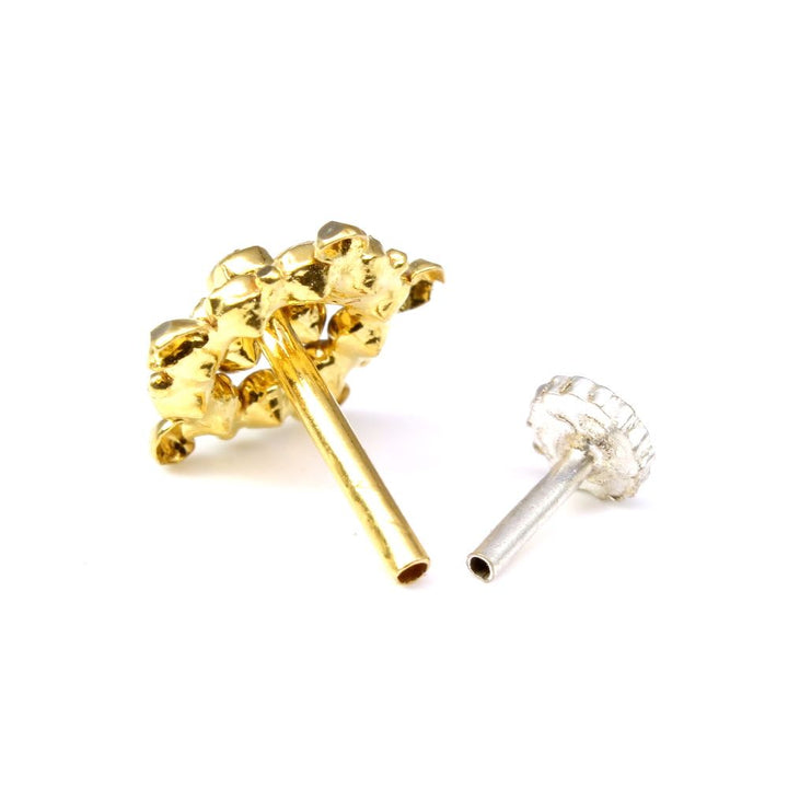 Real Gold Flower Nose stud,14K White CZ Indian statement nose ring Push Pin