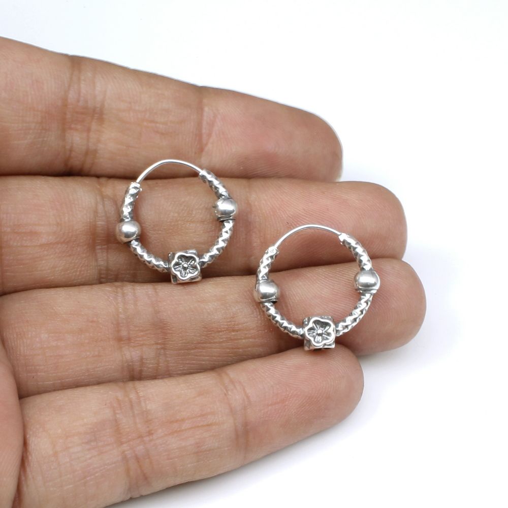 Traditional Indian style Oxidized 925 Sterling Silver ball hoop hinged earrings