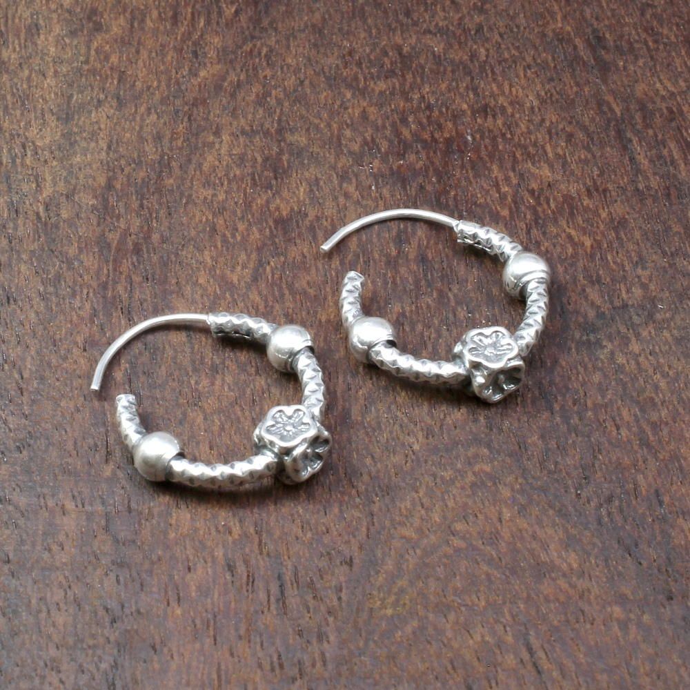 Traditional Indian style Oxidized 925 Sterling Silver ball hoop hinged earrings