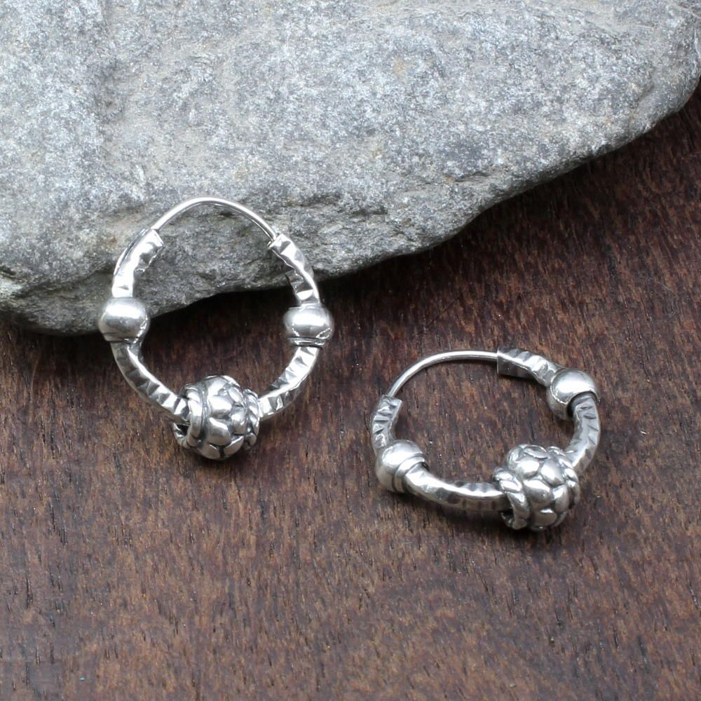 Indian style embossed Ball Oxidized 925 Sterling Silver hoop hinged earrings