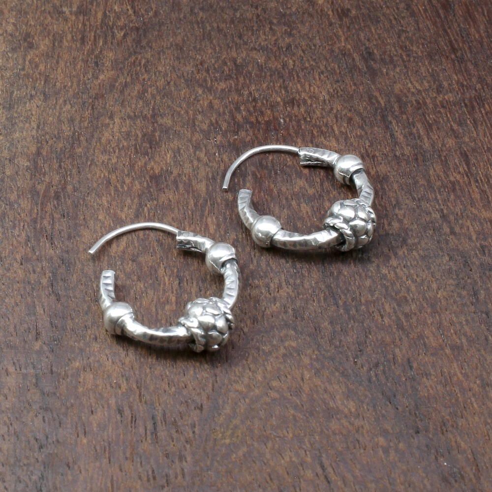 Indian style embossed Ball Oxidized 925 Sterling Silver hoop hinged earrings