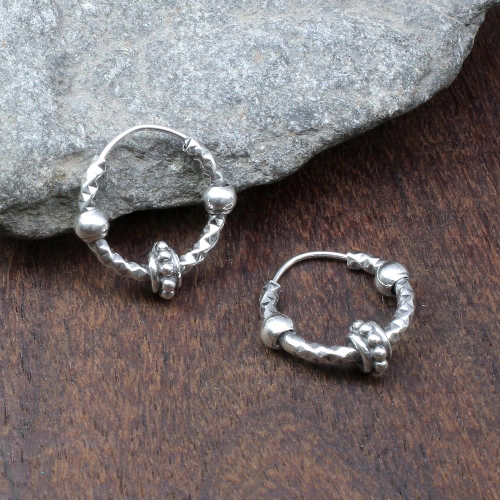 Ethnic Indian style Oxidized 925 Sterling Silver ball hoop hinged earrings