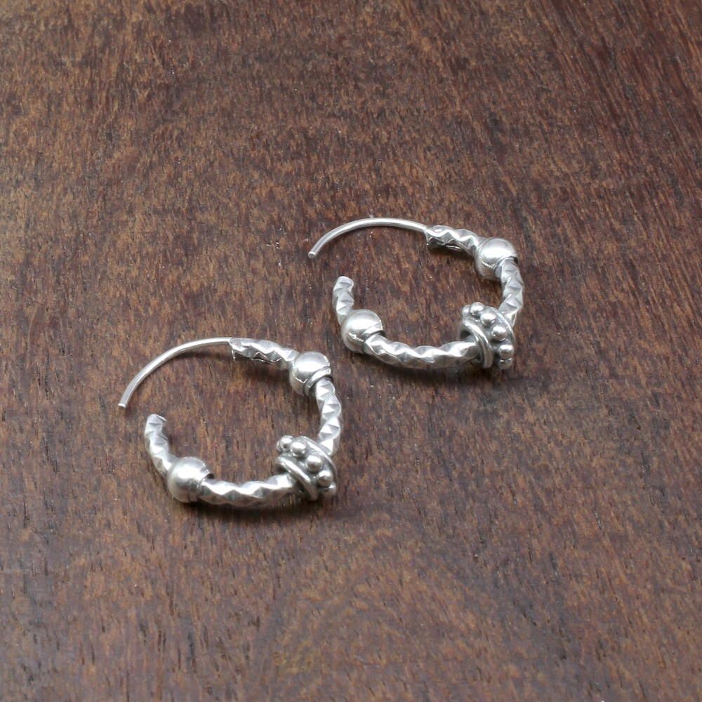 Ethnic Indian style Oxidized 925 Sterling Silver ball hoop hinged earrings