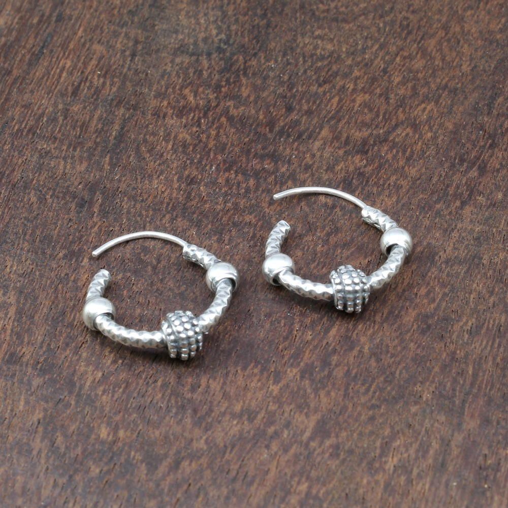 Ethnic Indian style Oxidized 925 Sterling Silver ball hoop hinged earrings