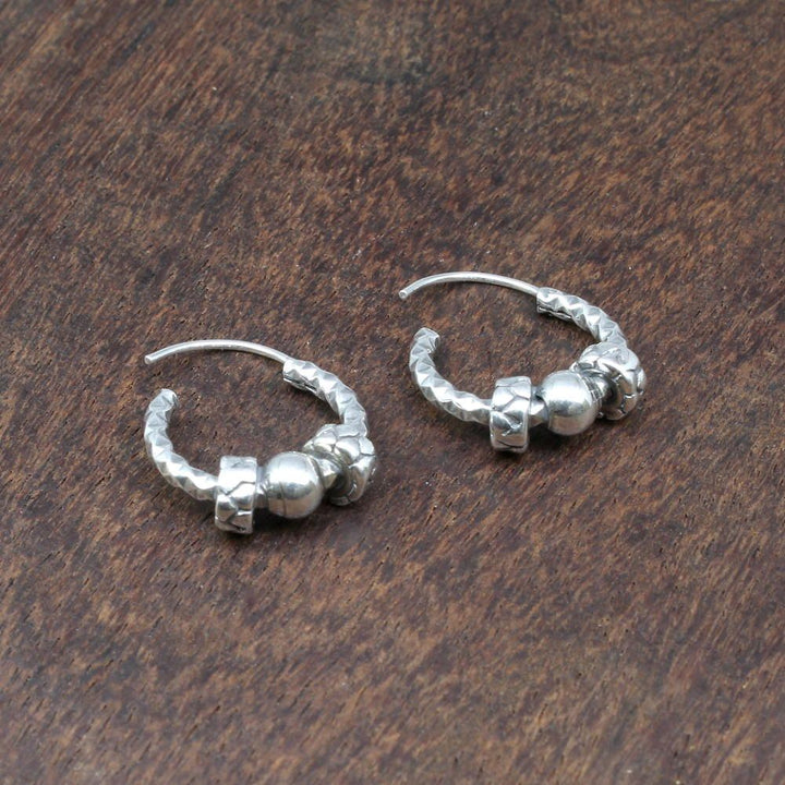 Indian style embossed Ball Oxidized 925 Sterling Silver hoop hinged earrings