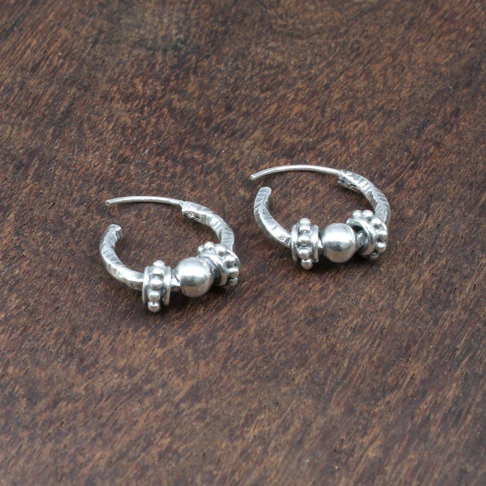 Traditional Indian style Oxidized 925 Sterling Silver ball hoop hinged earrings
