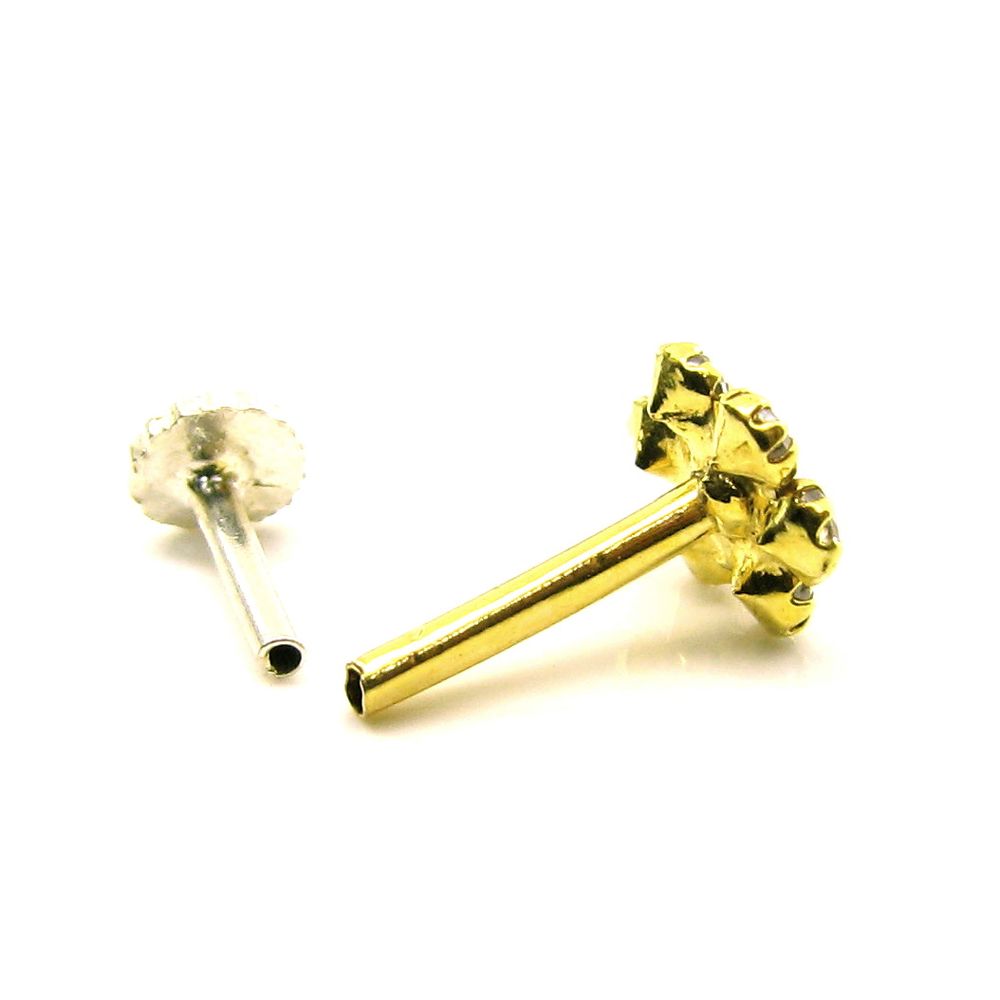 Precious White CZ Studded Body Piercing Nose Stud Pin Real 14k Yellow Gold