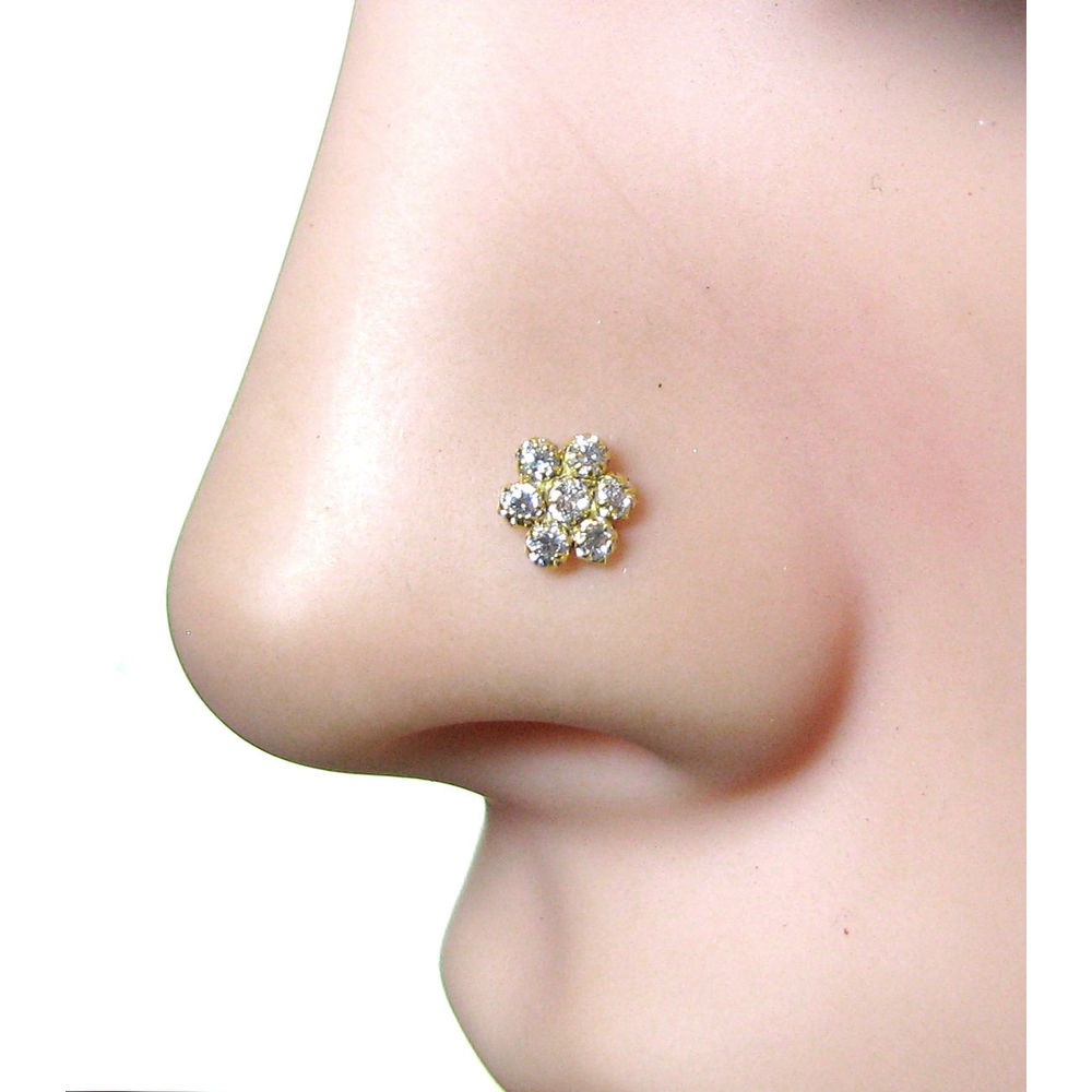 Precious White CZ Studded Body Piercing Nose Stud Pin Real 14k Yellow Gold