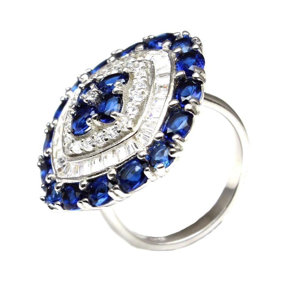 Big 925 Sterling Silver wedding Party wear cocktail Blue CZ Ring