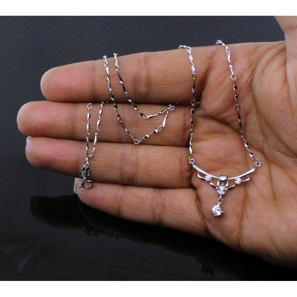 Trendy Light & Slim 925 Sterling Silver Chain Necklace CZ Studded Platinum Tone