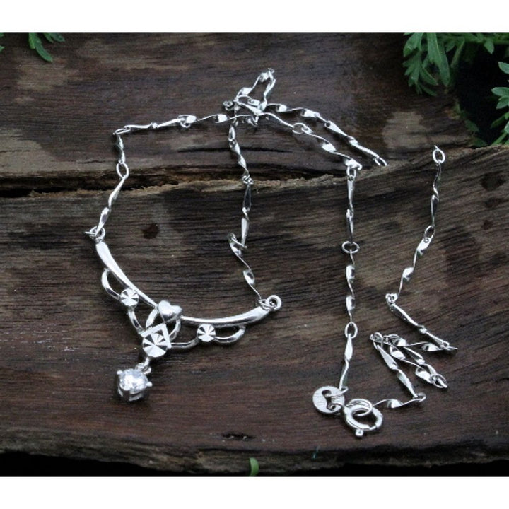 Trendy-Light-&-Slim-925-Sterling-Silver-Chain-Necklace-CZ-Studded-Platinum-Tone