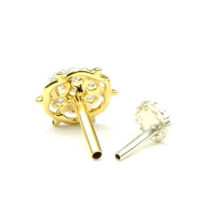 Real Gold Nose stud White CZ 14K Ethnic piercing nose ring Push pin